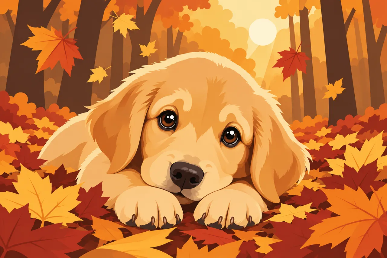 Adorable Golden Retriever Puppy in a Cozy Autumn Forest