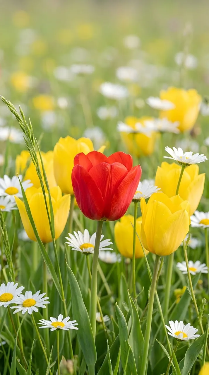 Vibrant Spring Meadow: Red Tulip Amidst Yellow and White Blossoms