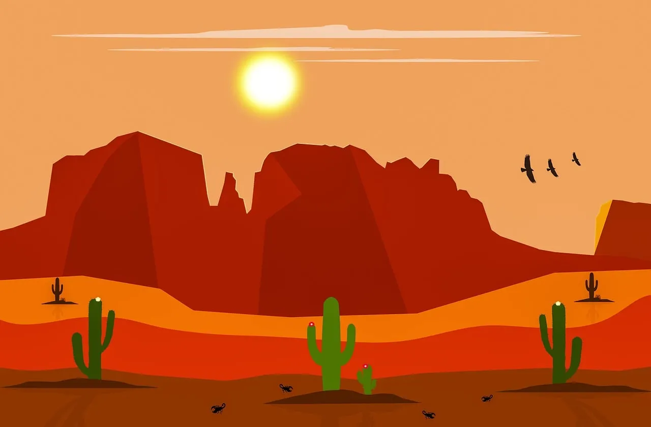 Vibrant Desert Sunset: Cactus and Mountain Landscape Illustration