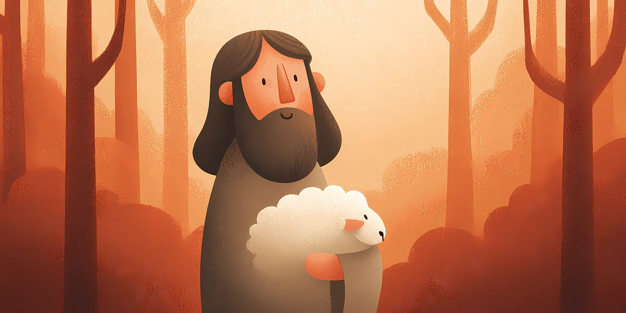 Divine Serenity: Jesus with Lamb in Sunset Forest