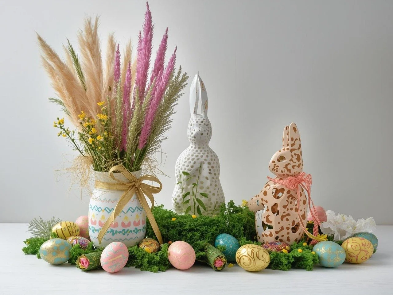 Charming Easter Centerpiece: Bunny Decor & Pastel Flowers