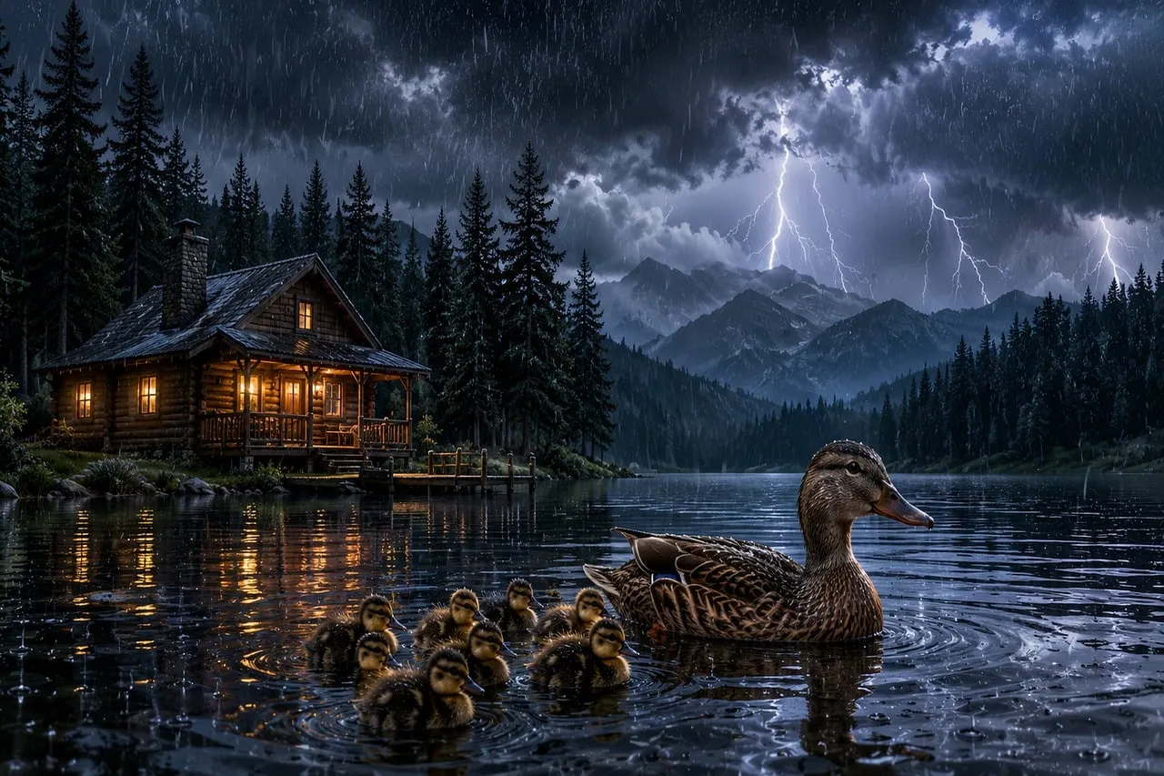 Dramatic Thunderstorm: Cozy Cabin & Duck Family by Mountain Lake