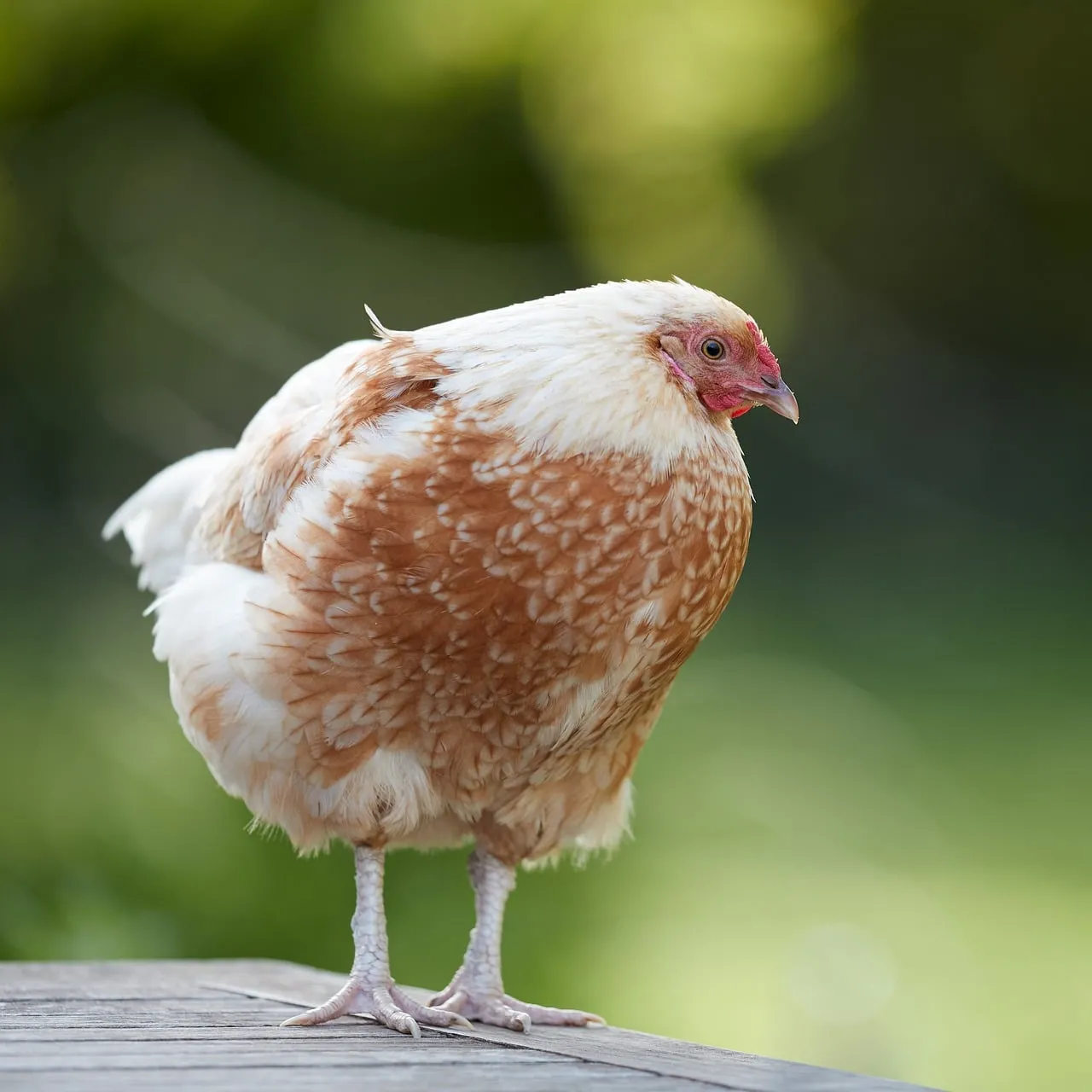 Charming Hen on Wooden Table: A Rustic Farm Scene
