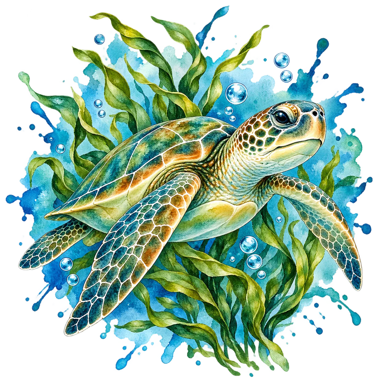 Vibrant Watercolor Sea Turtle: Ocean's Artful Majesty