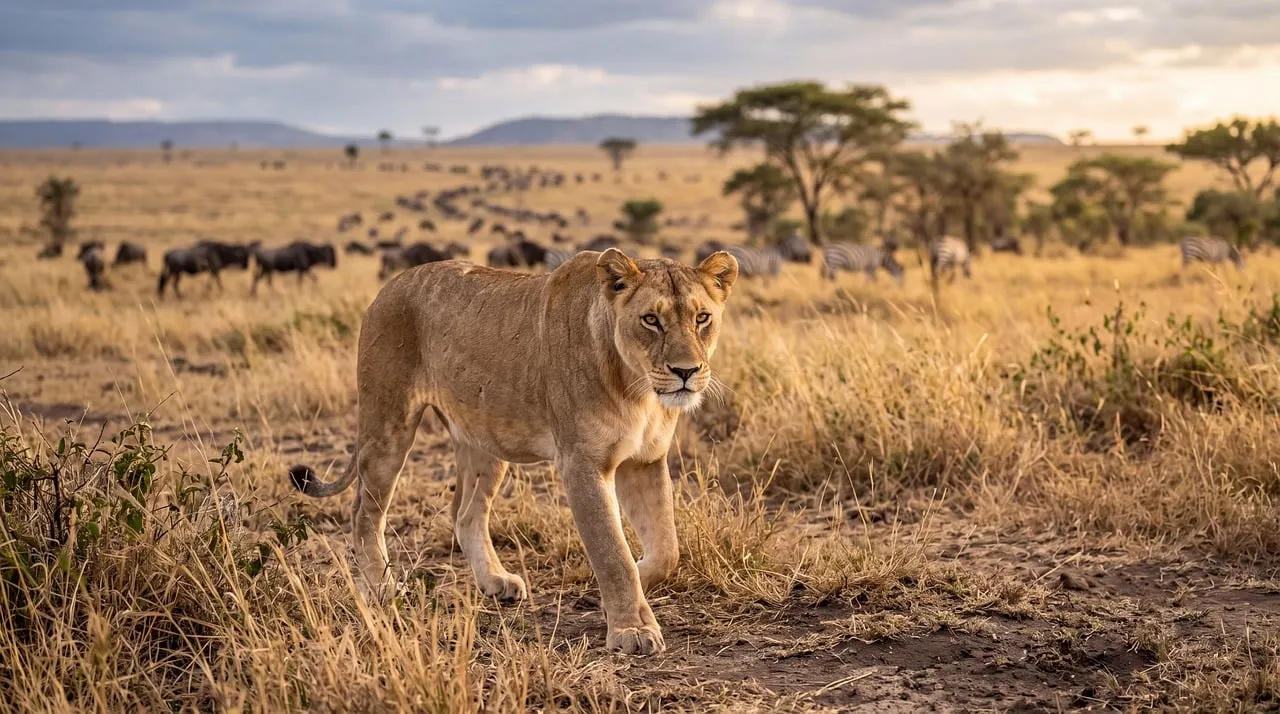 Majestic Lioness Stalks Wildebeest on African Savannah