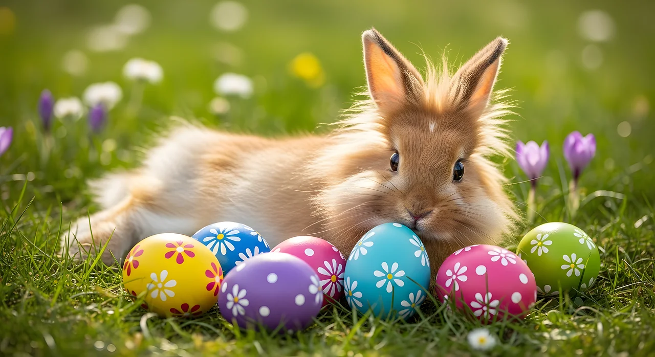 Charming Bunny Guards Vibrant Easter Eggs in Spring Meadow