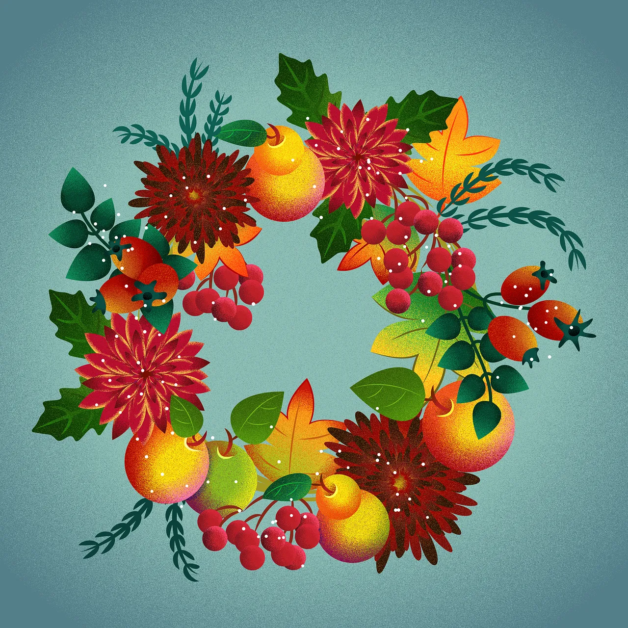 Vibrant Autumn Harvest Wreath Illustration