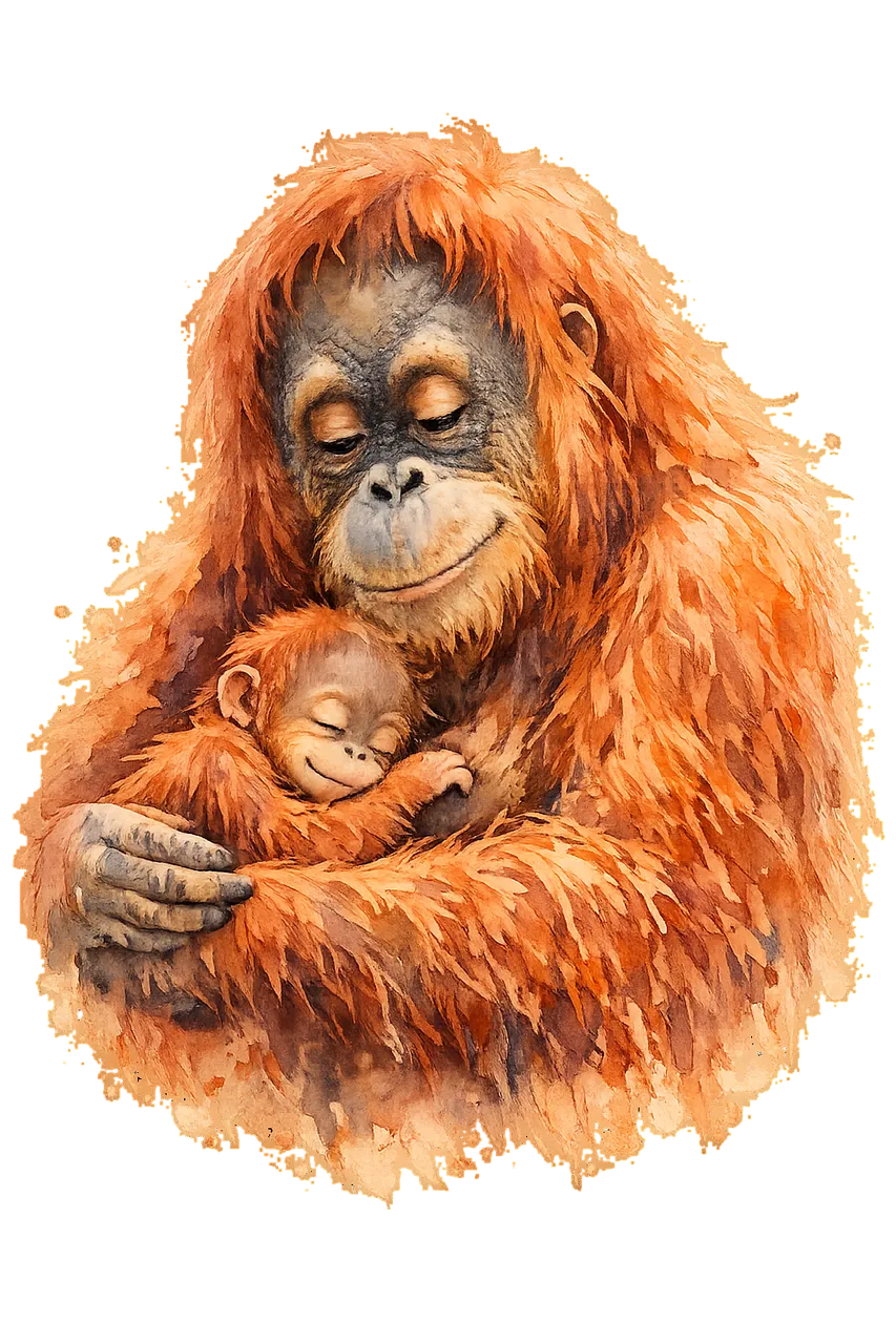 Heartwarming Watercolor Orangutan Mother and Baby Embrace