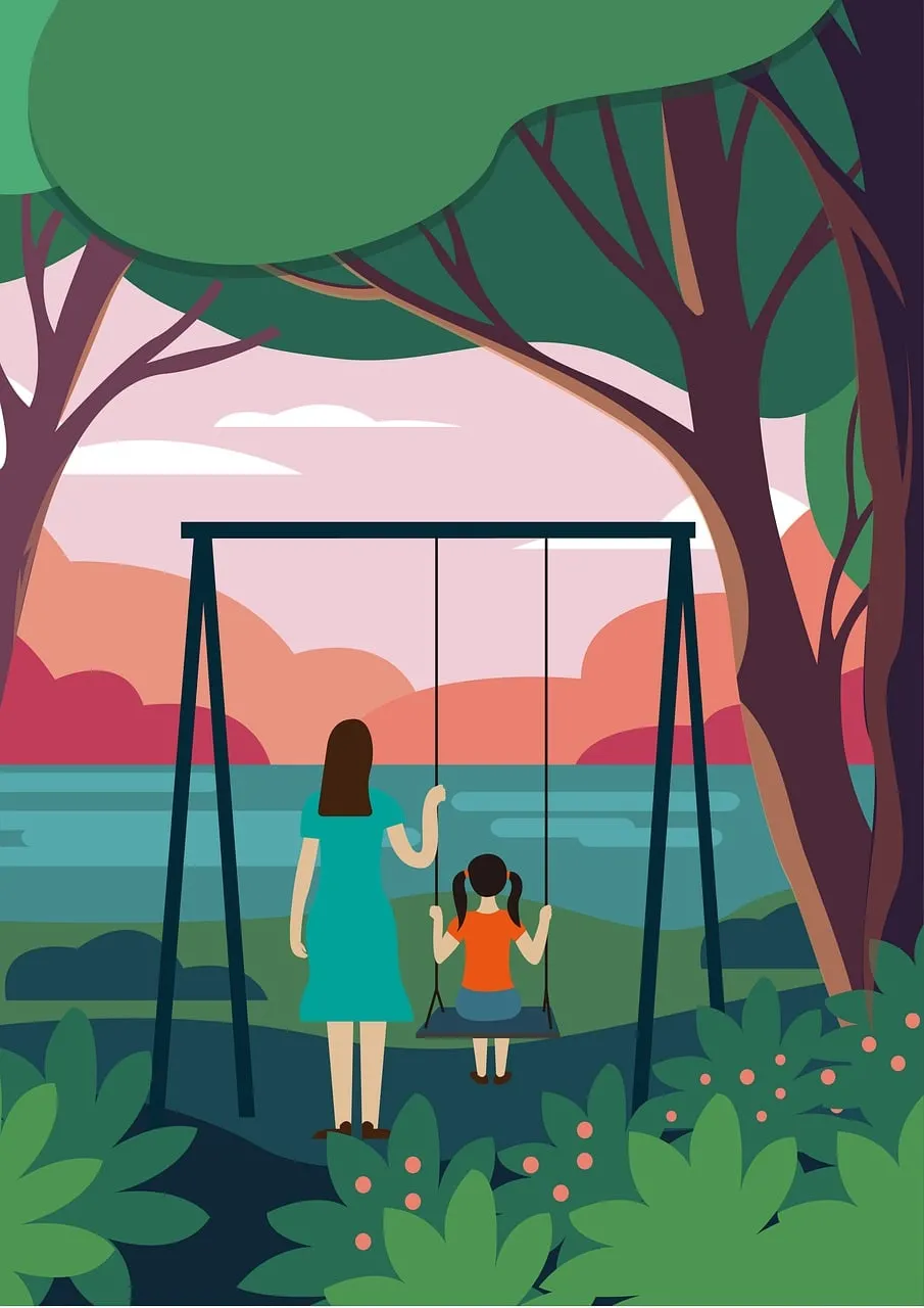 Heartwarming Sunset: Mother-Child Bonding on Park Swing