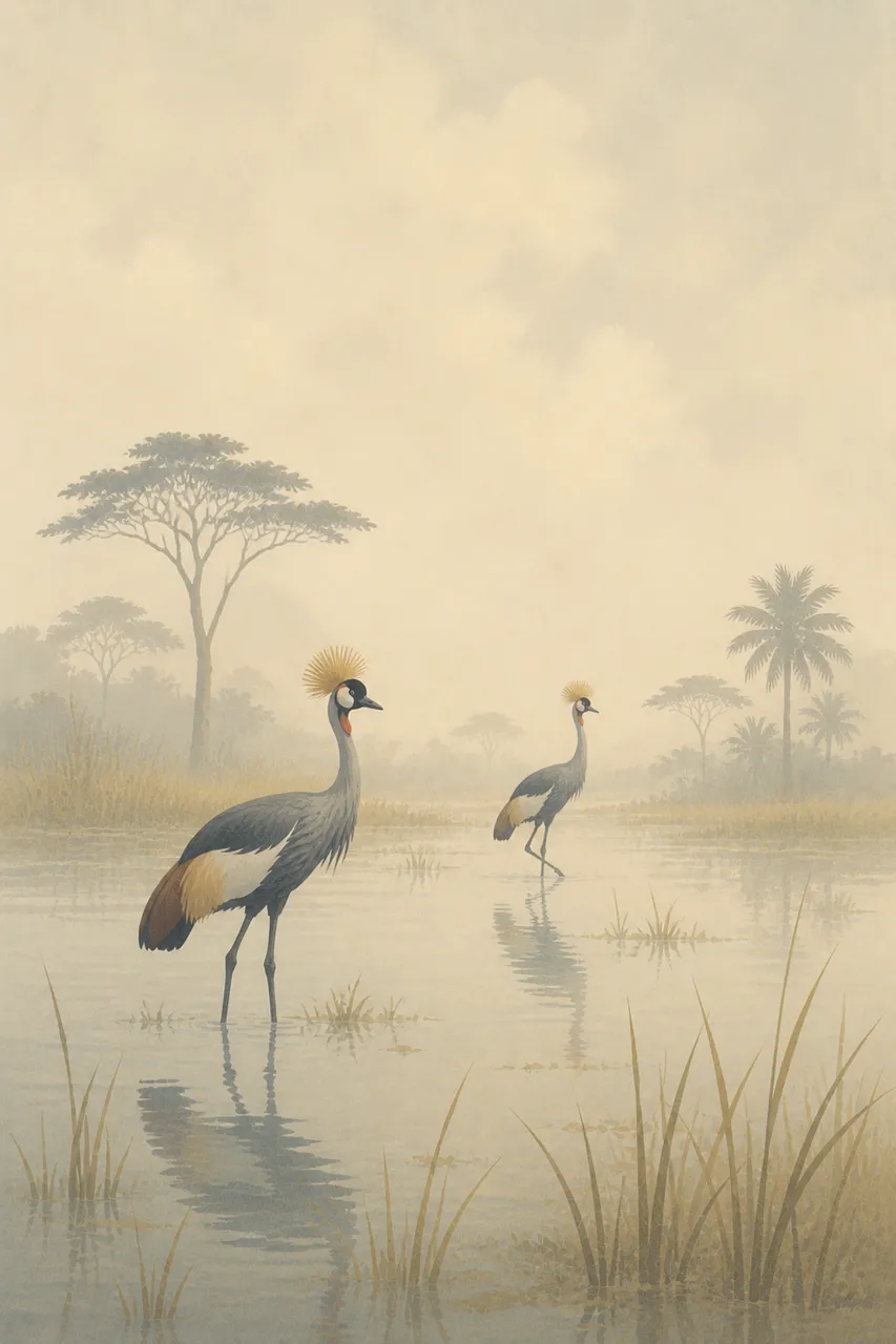 Misty African Wetlands: Grey Crowned Cranes Amidst Acacia Trees