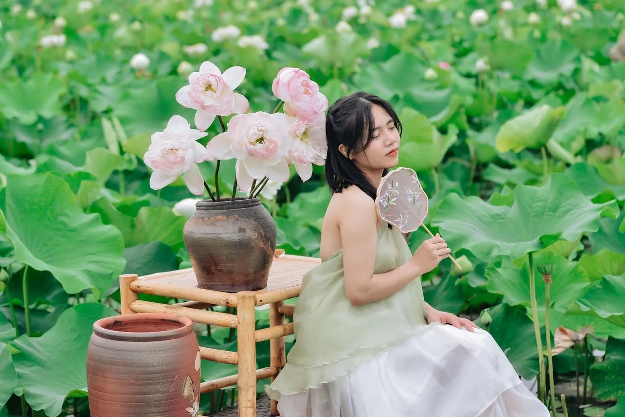 Serene Vietnamese Beauty Amidst Blooming Lotus Field