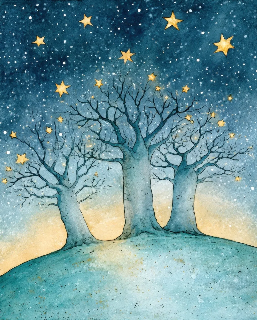 Enchanting Baobab Trees Under a Starry Watercolor Night