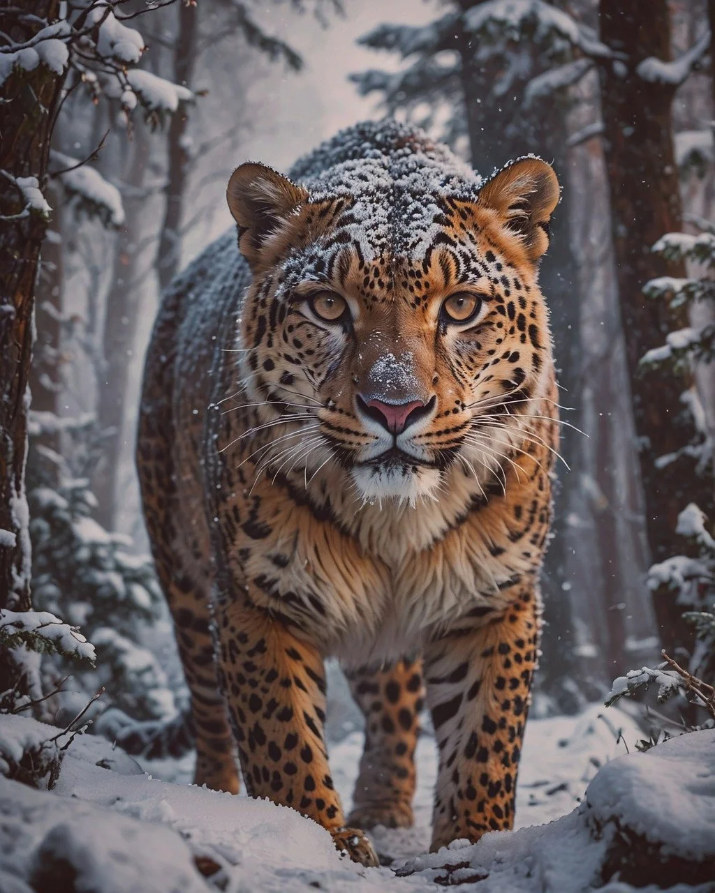 Majestic Snow Leopard Stalking Winter Wilderness