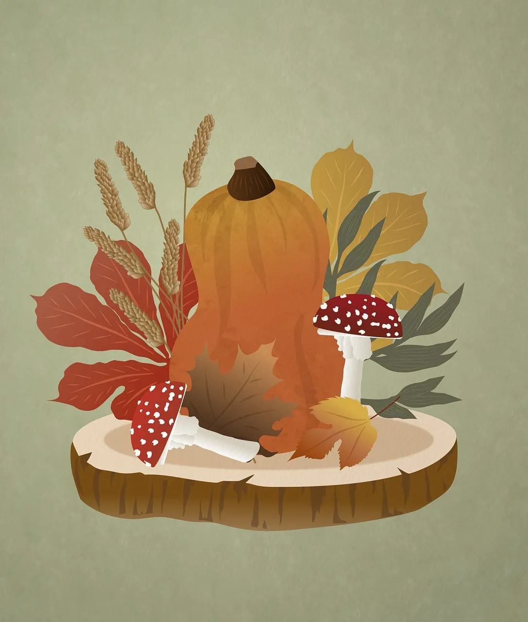 Vibrant Autumn Harvest: Hand-painted Rustic Mushroom & Gourd Art