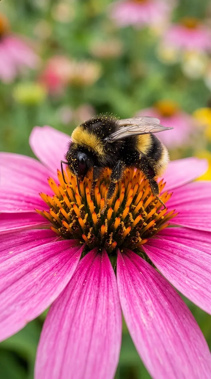 Breathtaking Close-up: Bumblebee on Vibrant Pink Echinacea