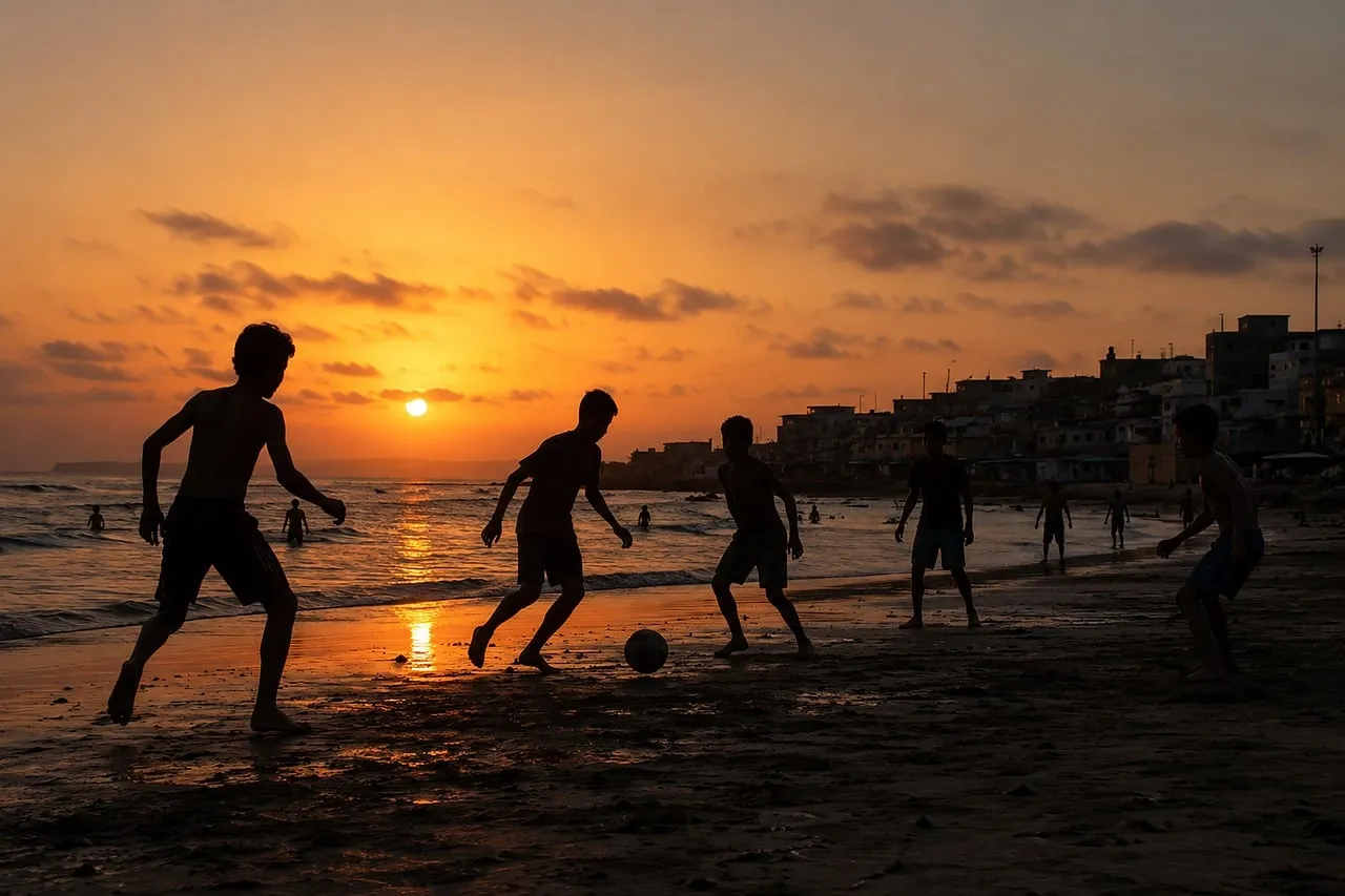 Golden Hour Joy: Kids' Sunset Beach Soccer Silhouettes