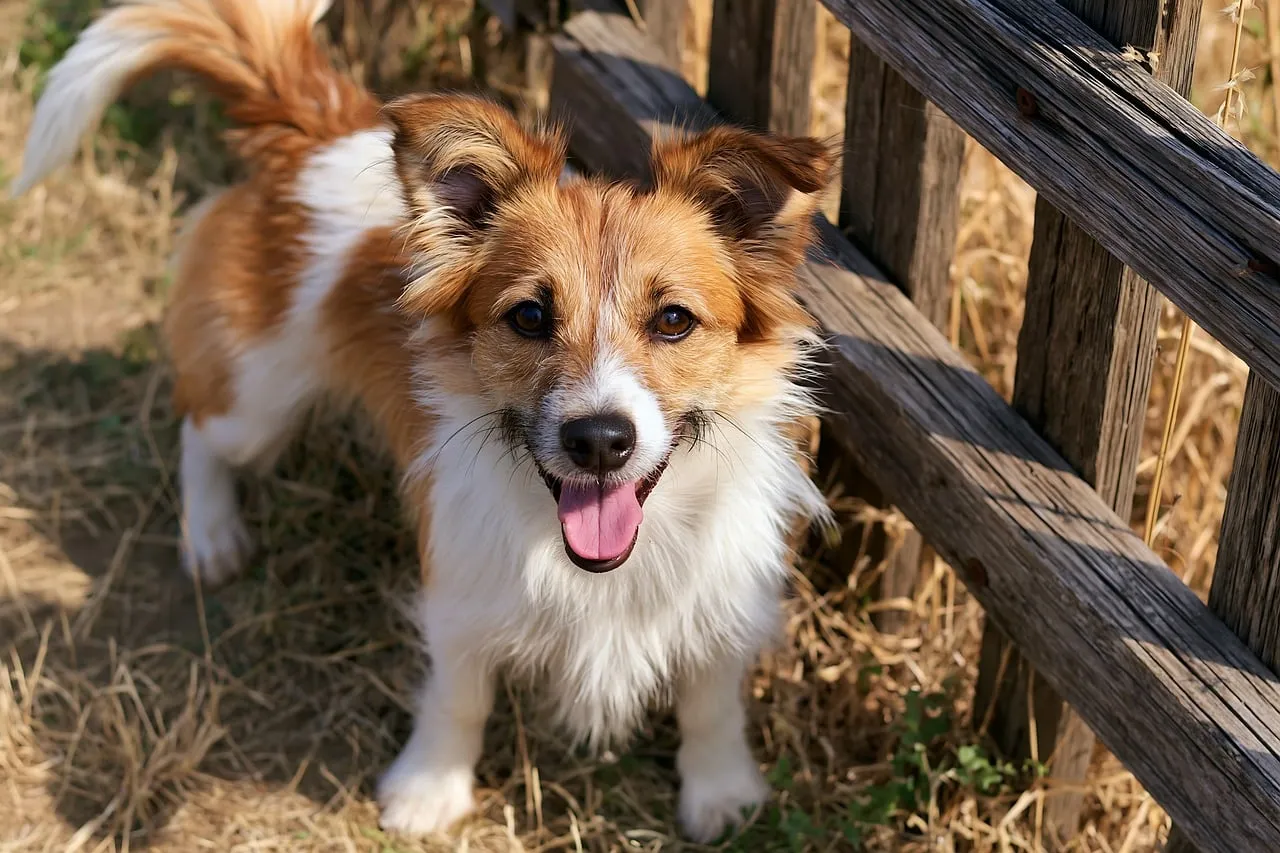 Joyful Canine Charm: Happy Puppy by Wooden Fence