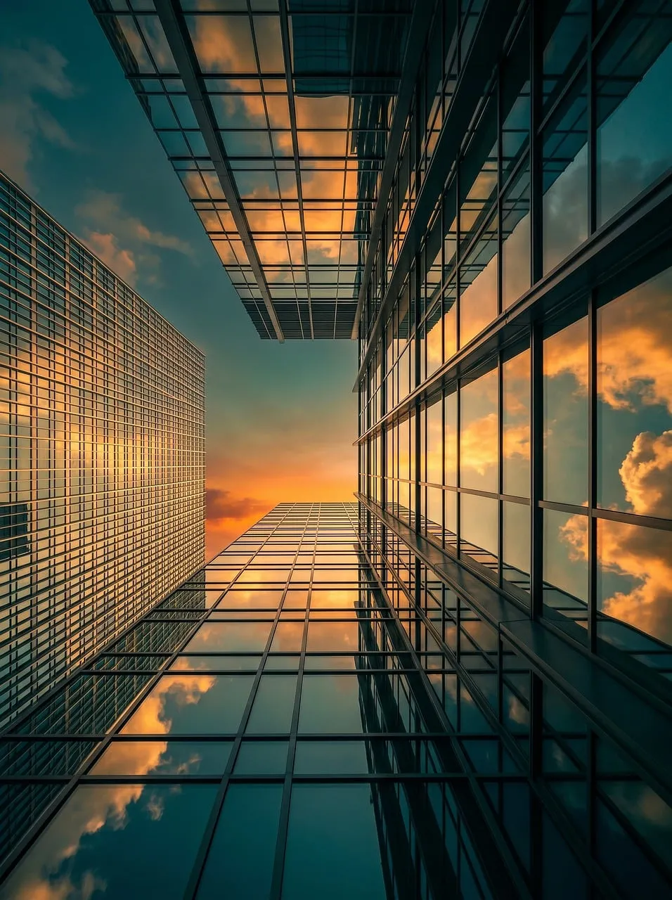 Dramatic Skyscraper Sunset Reflections: Modern Cityscape Art