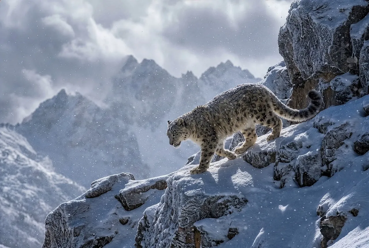 Majestic Snow Leopard Prowling in Icy Mountain Wilderness