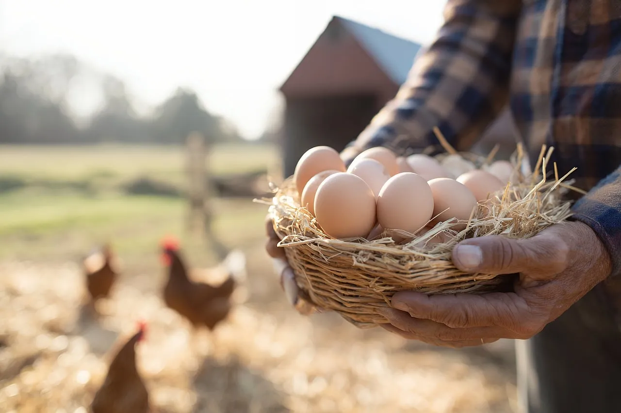 Rustic Harvest: Farmer's Hands, Fresh Organic Eggs
