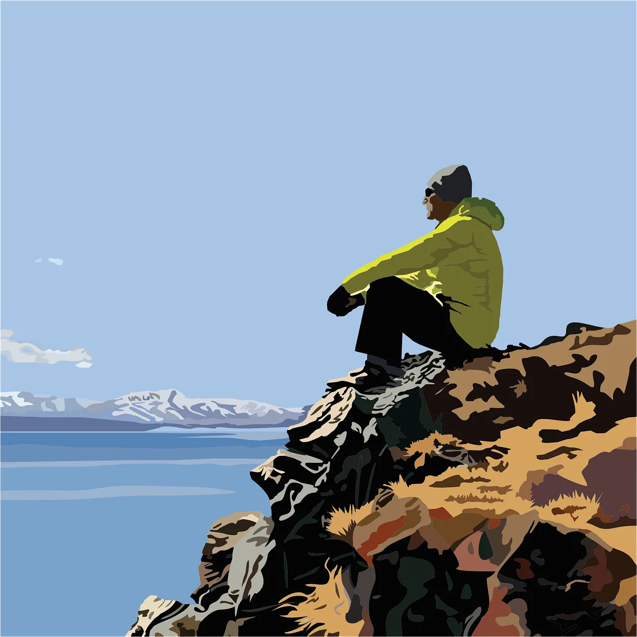 Serene Solitude: Hiker on Cliff Overlooking Winter Lake