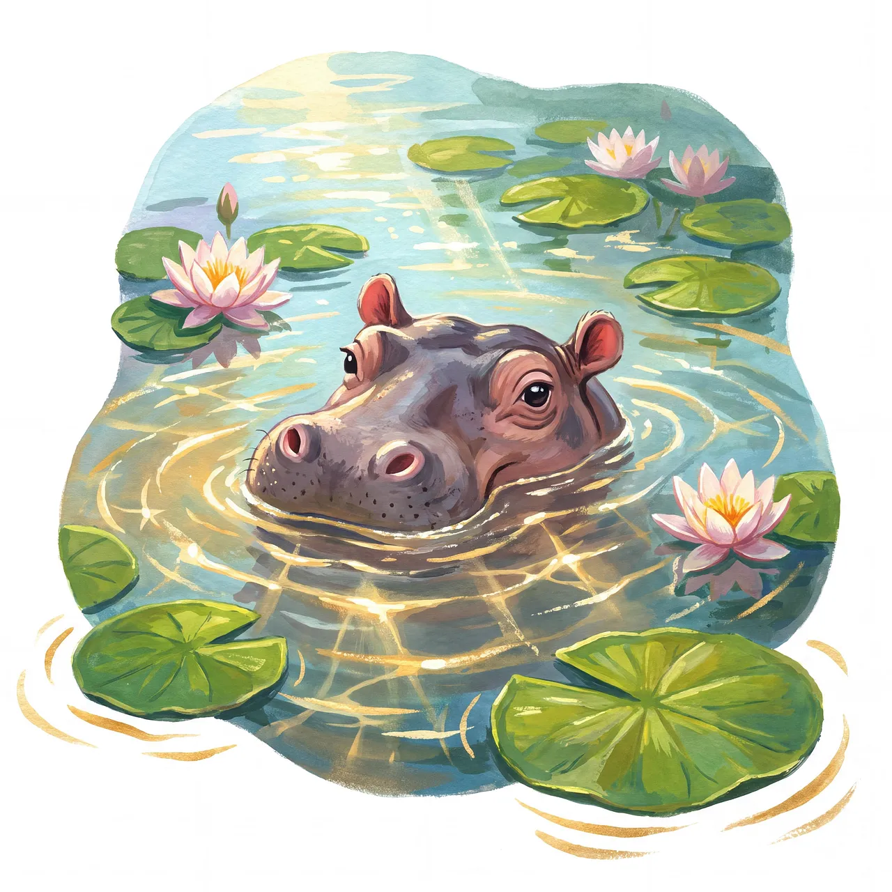 Adorable Hippo's Serene Pond Retreat in Watercolor