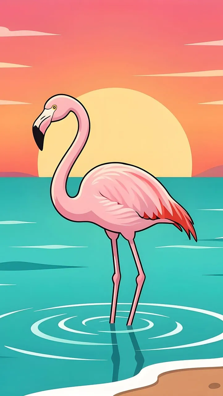 Vibrant Flamingo Sunset: Tropical Ocean Wildlife