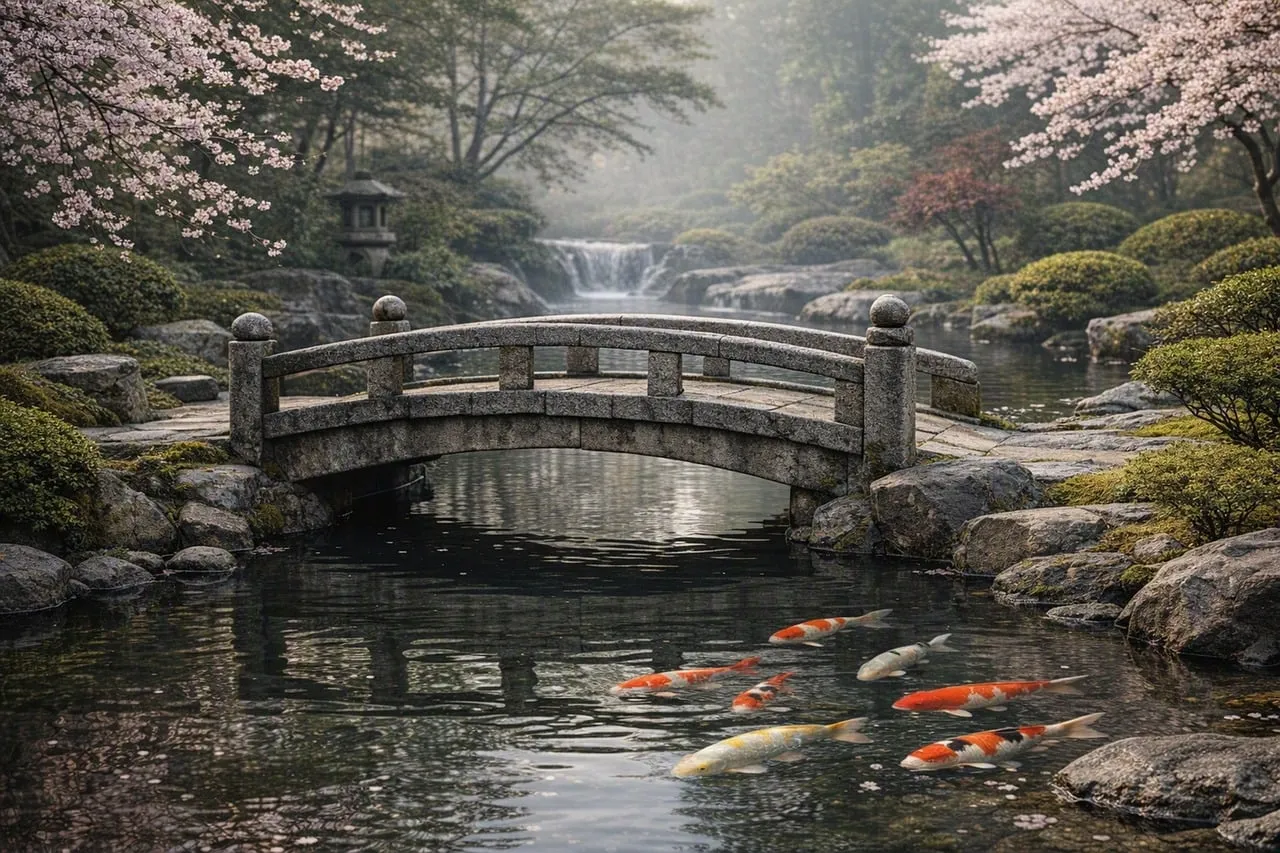 Enchanting Zen Garden: Koi Pond, Cherry Blossoms & Stone Bridge Serenity