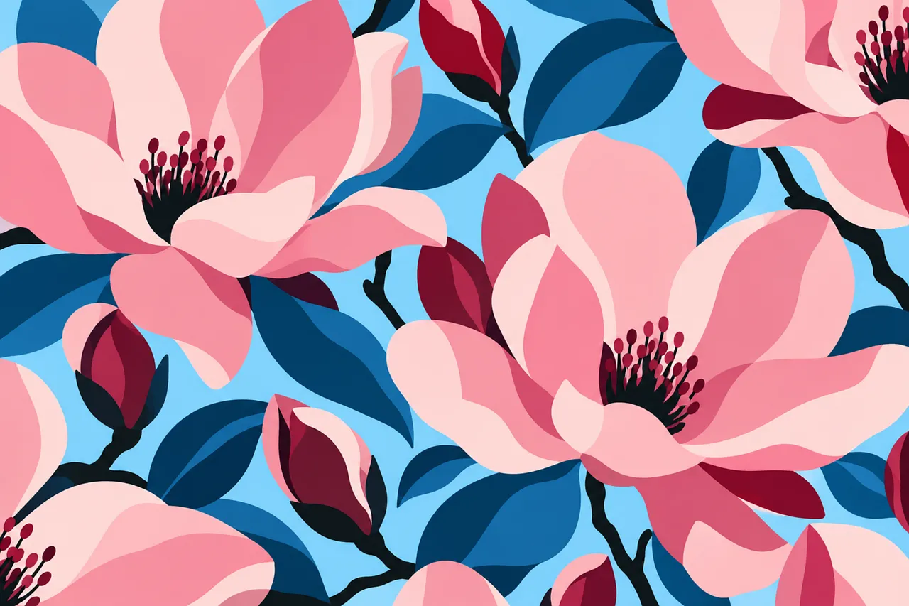 Vibrant Pink Magnolia Pattern on Blue: A Modern Spring Floral Design