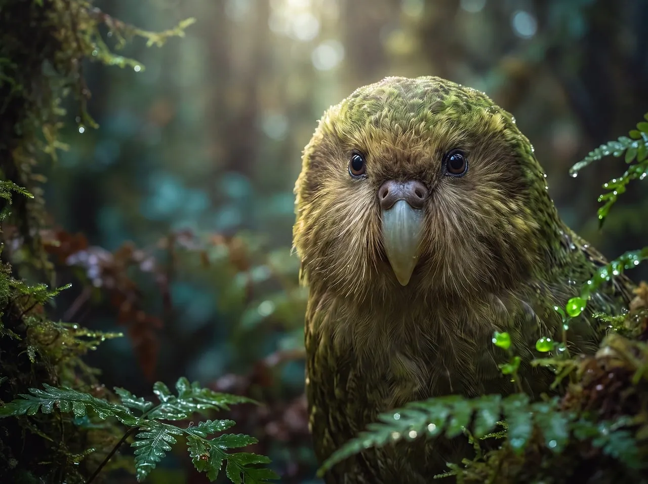 Mystical Kakapo: Rare Flightless Parrot in Enchanted Rainforest