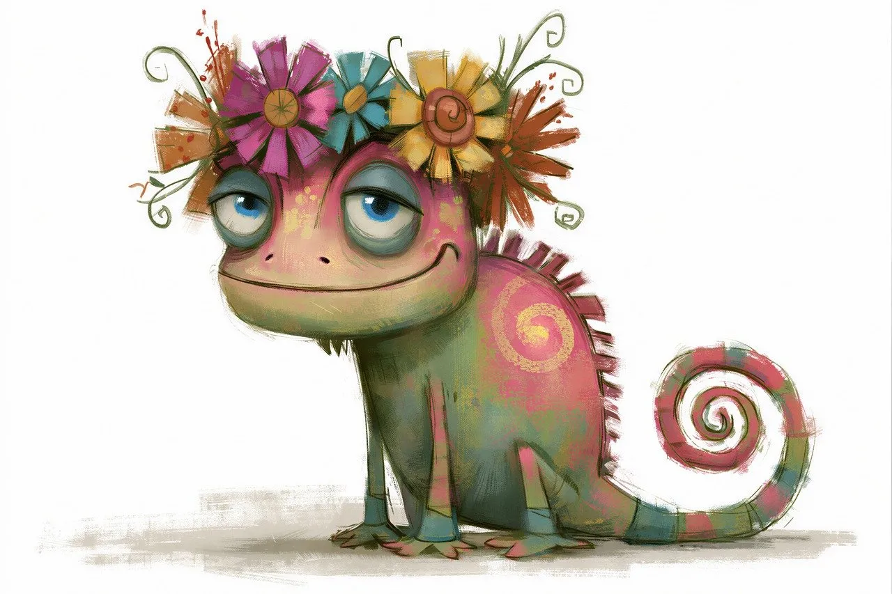 Vibrant Whimsy: Adorable Chameleon in a Floral Crown