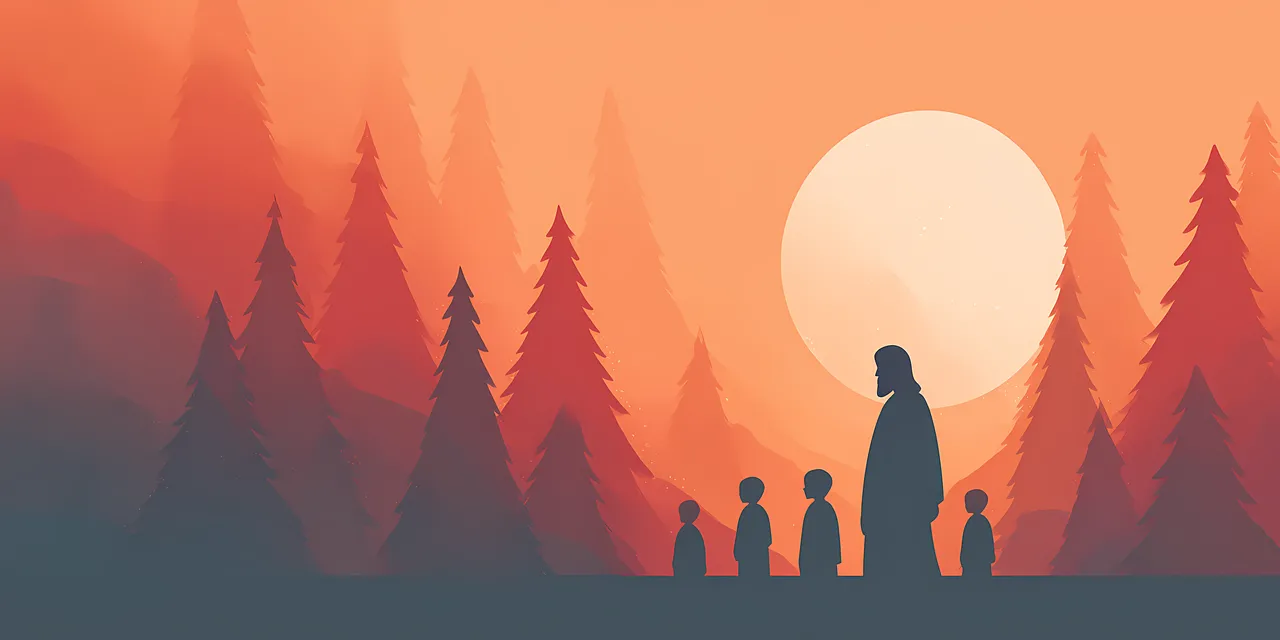 Divine Sunset Solitude: Jesus and Children in Peaceful Forest