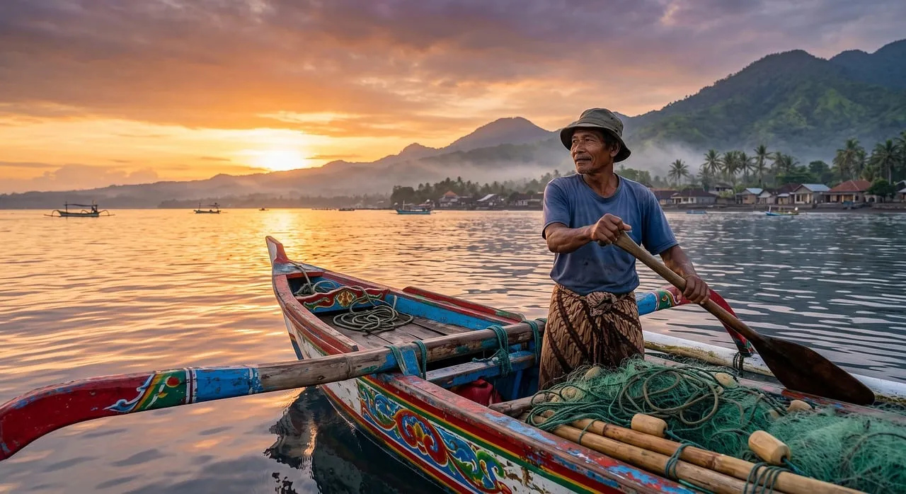 Serene Sunset Fishing: Indonesian Fisherman on Calm Lake