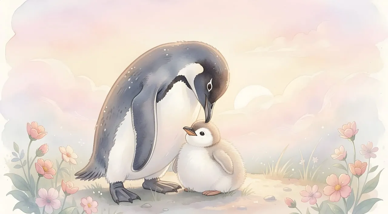 Heartwarming Watercolor: Mother Penguin & Chick's Tender Moment