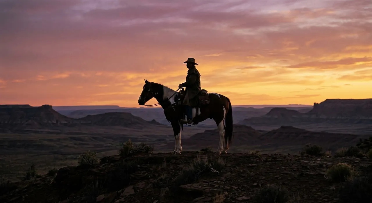 Majestic Sunset Ride: Cowboy Silhouetted in Canyon Twilight