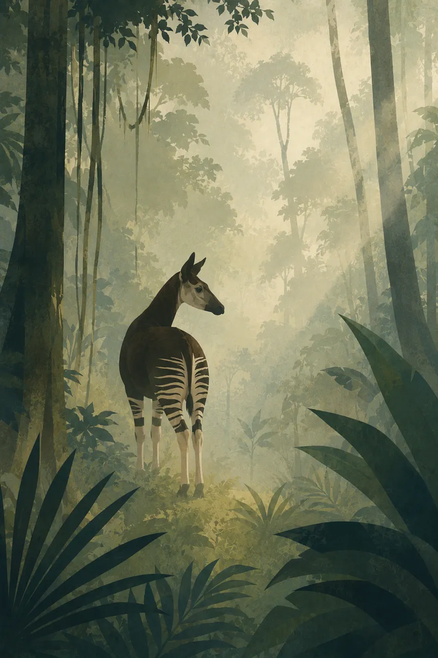 Mystical Okapi in Misty Rainforest