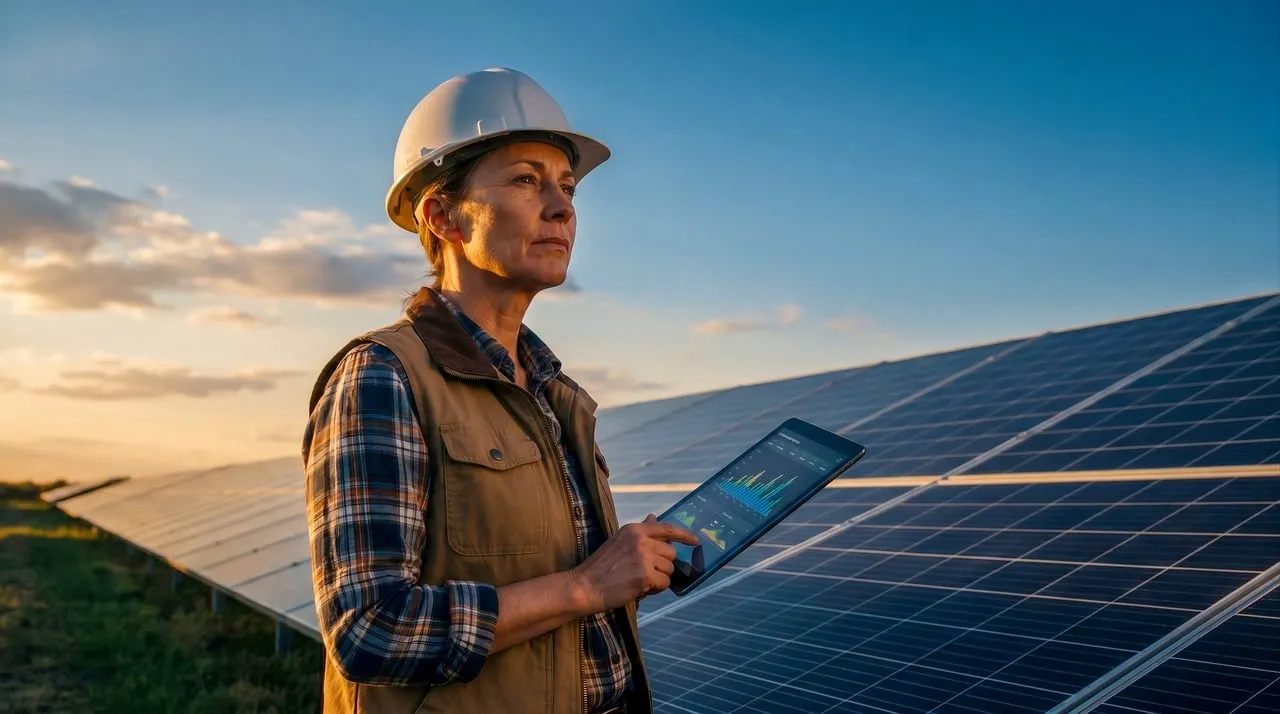 Empowering Future: Engineer Monitors Solar Farm at Sunset