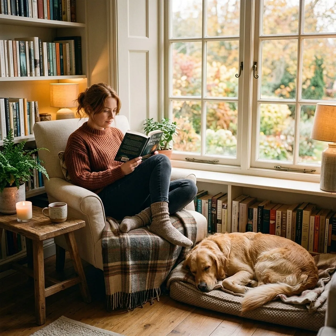 Cozy Autumn Afternoon: Woman Reading with Golden Retriever