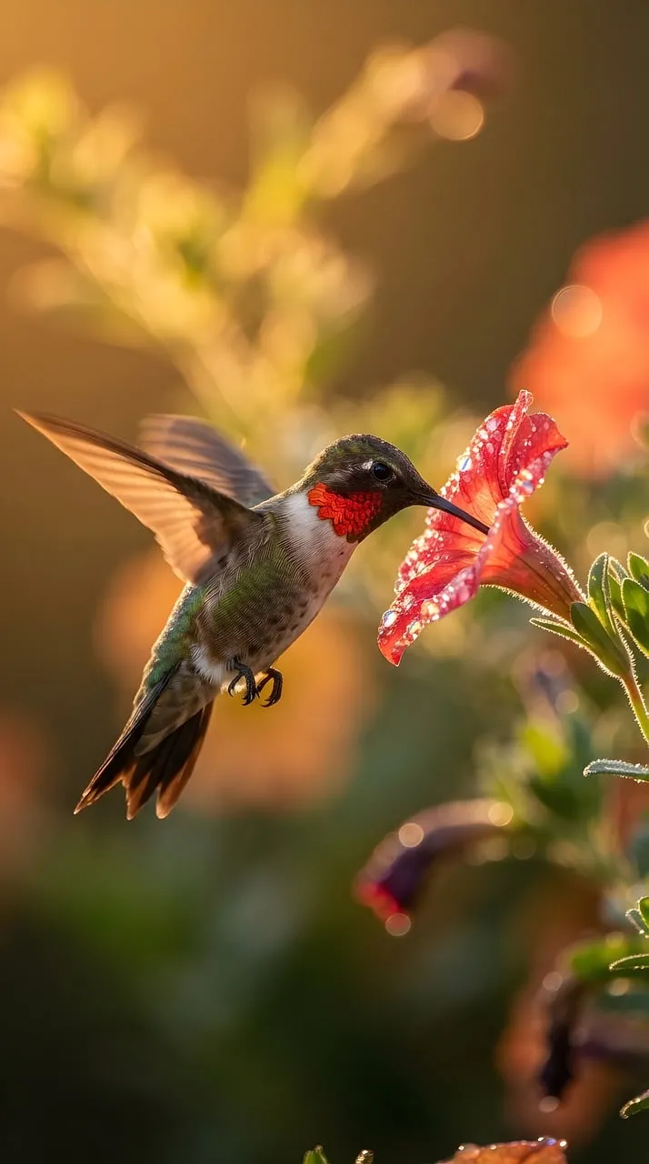 Vibrant Hummingbird Feeding on Dew-Kissed Petunia at Golden Hour