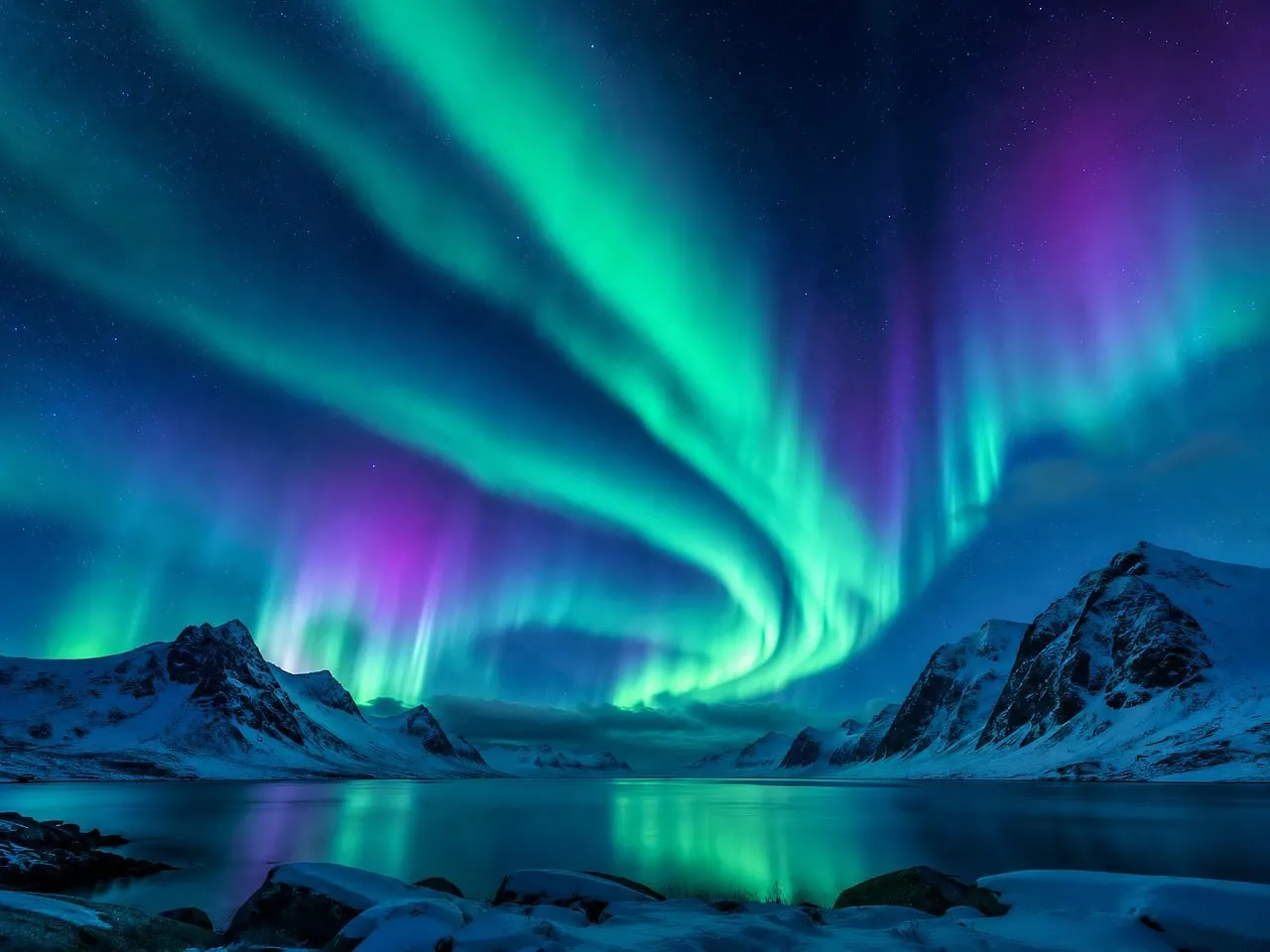 Breathtaking Aurora Over Snowy Mountains and Reflective Lake