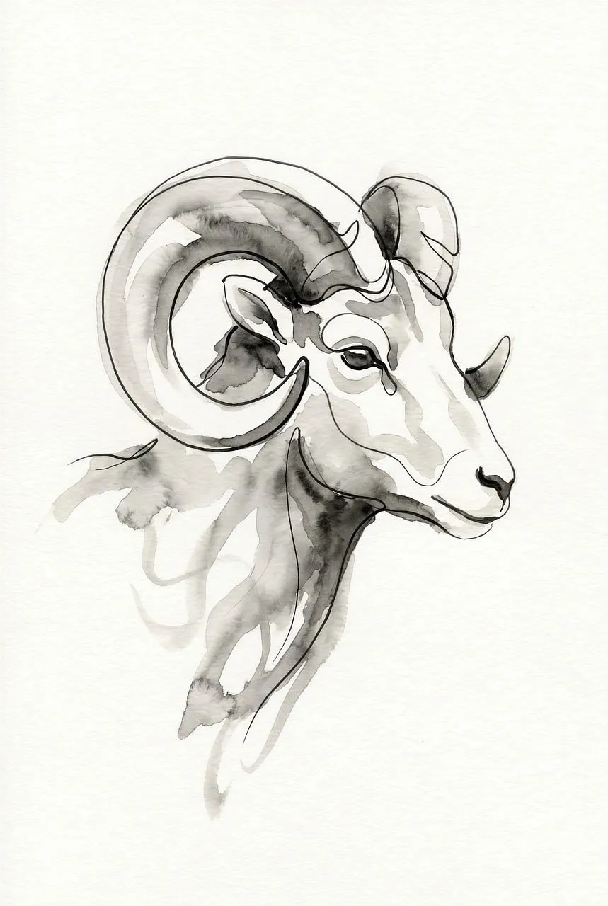 Striking Watercolor Ram: Majestic Horns in Ink Art