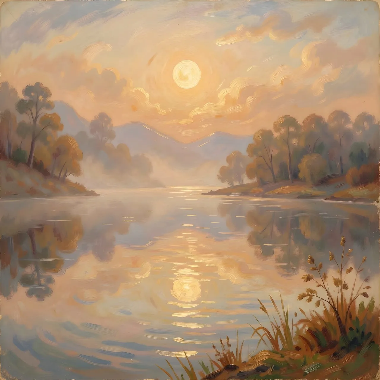 Serene Sunset Reflection: A Tranquil Lakeside Masterpiece