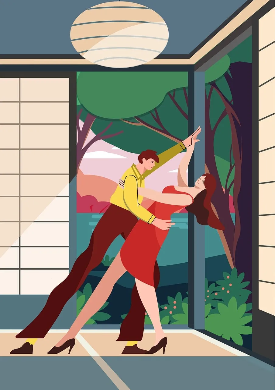 Vibrant Romantic Dance: A Couple's Serene Asian Garden Illustration