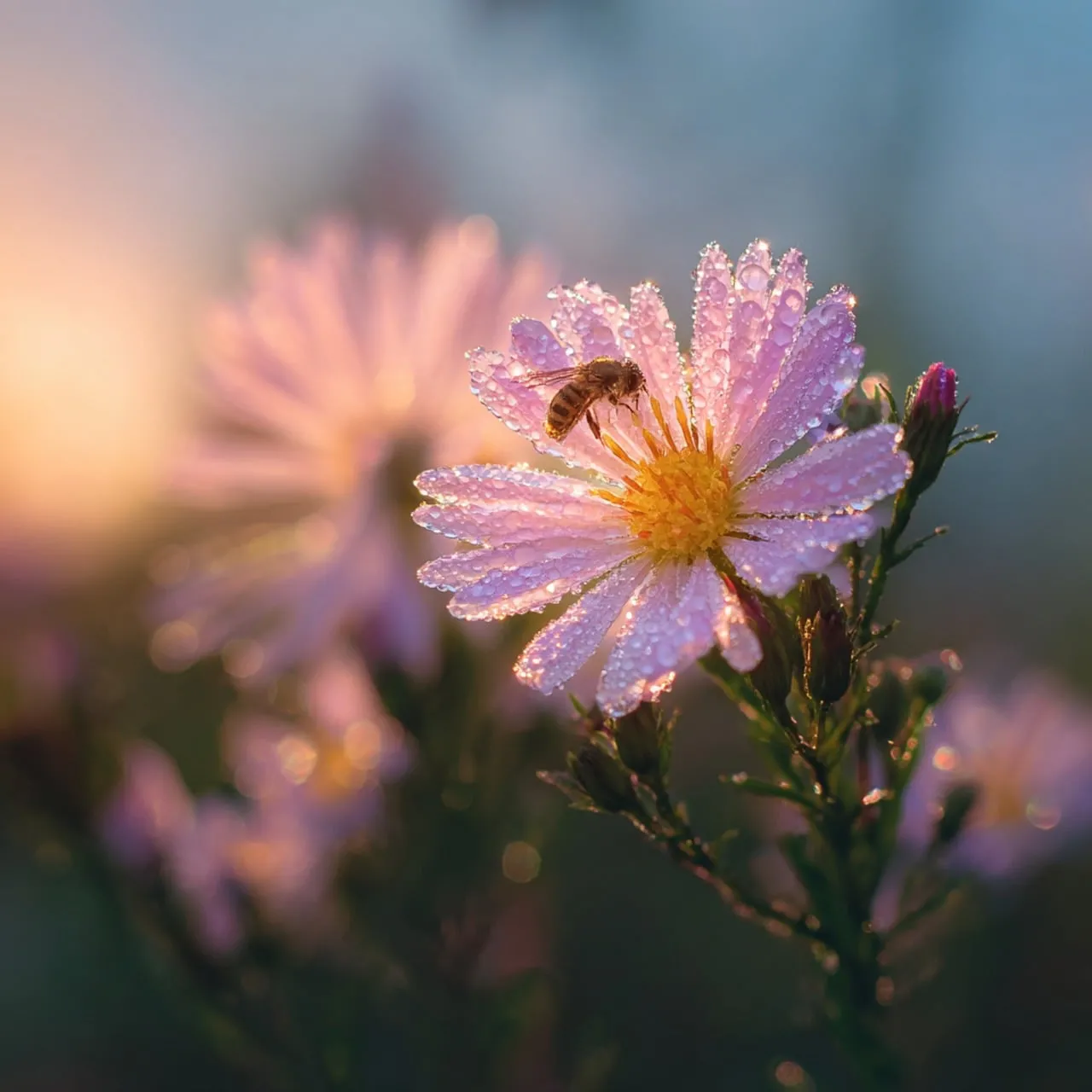 Enchanting Morning Dewdrop Bloom with Busy Bee