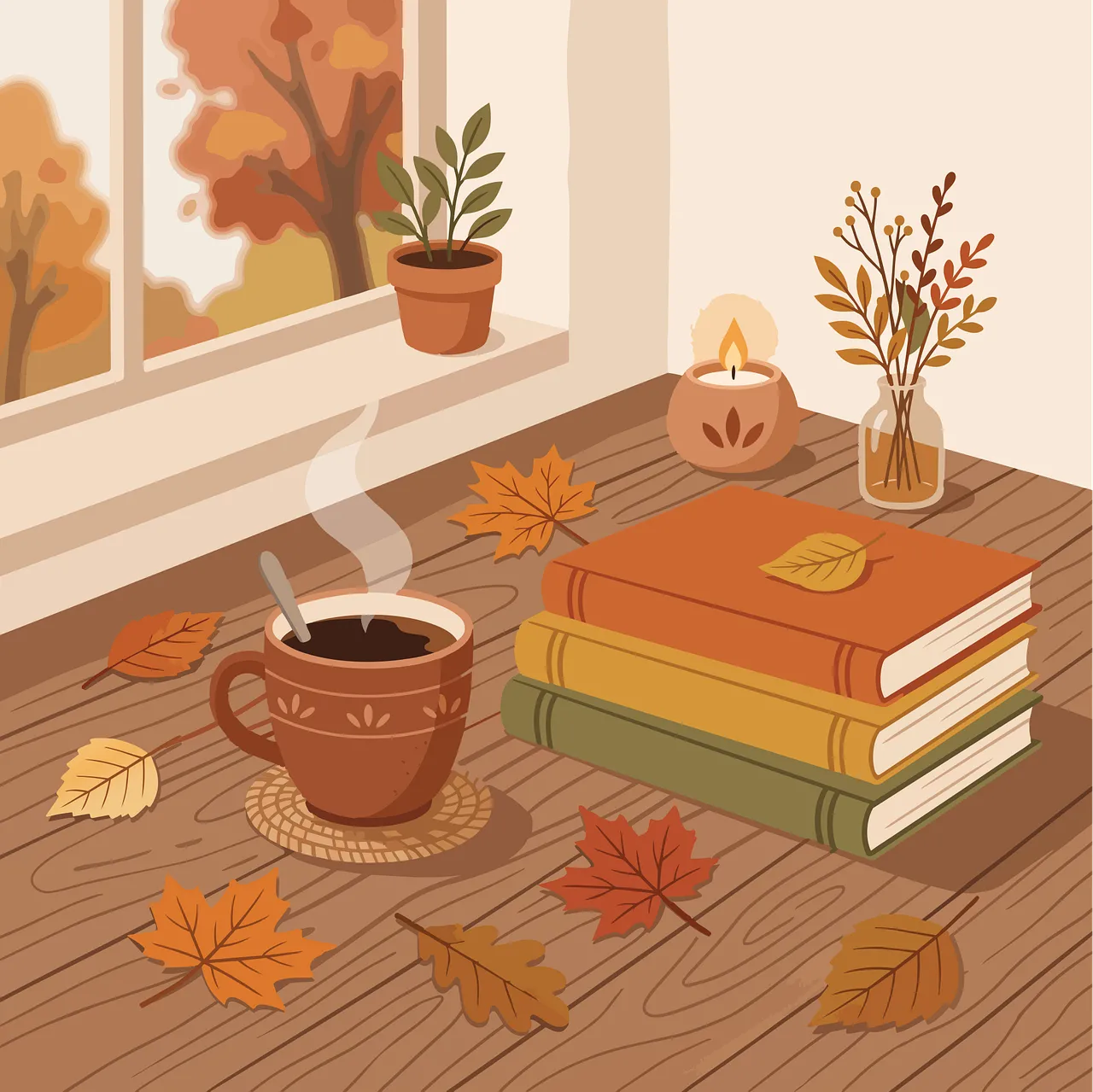 Cozy Autumn Morning: Coffee, Books & Serene Window View