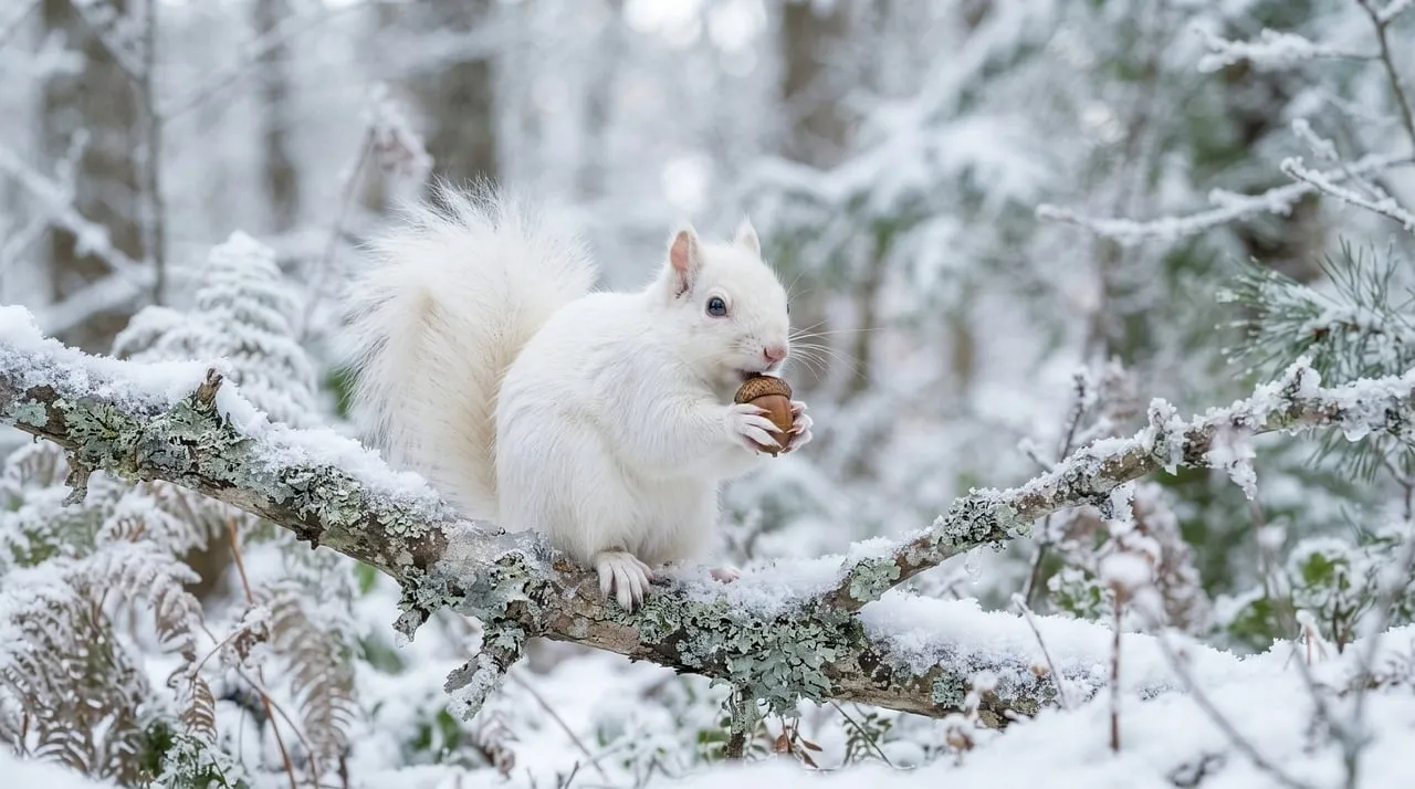 Enchanting White Squirrel Foraging in a Winter Wonderland
