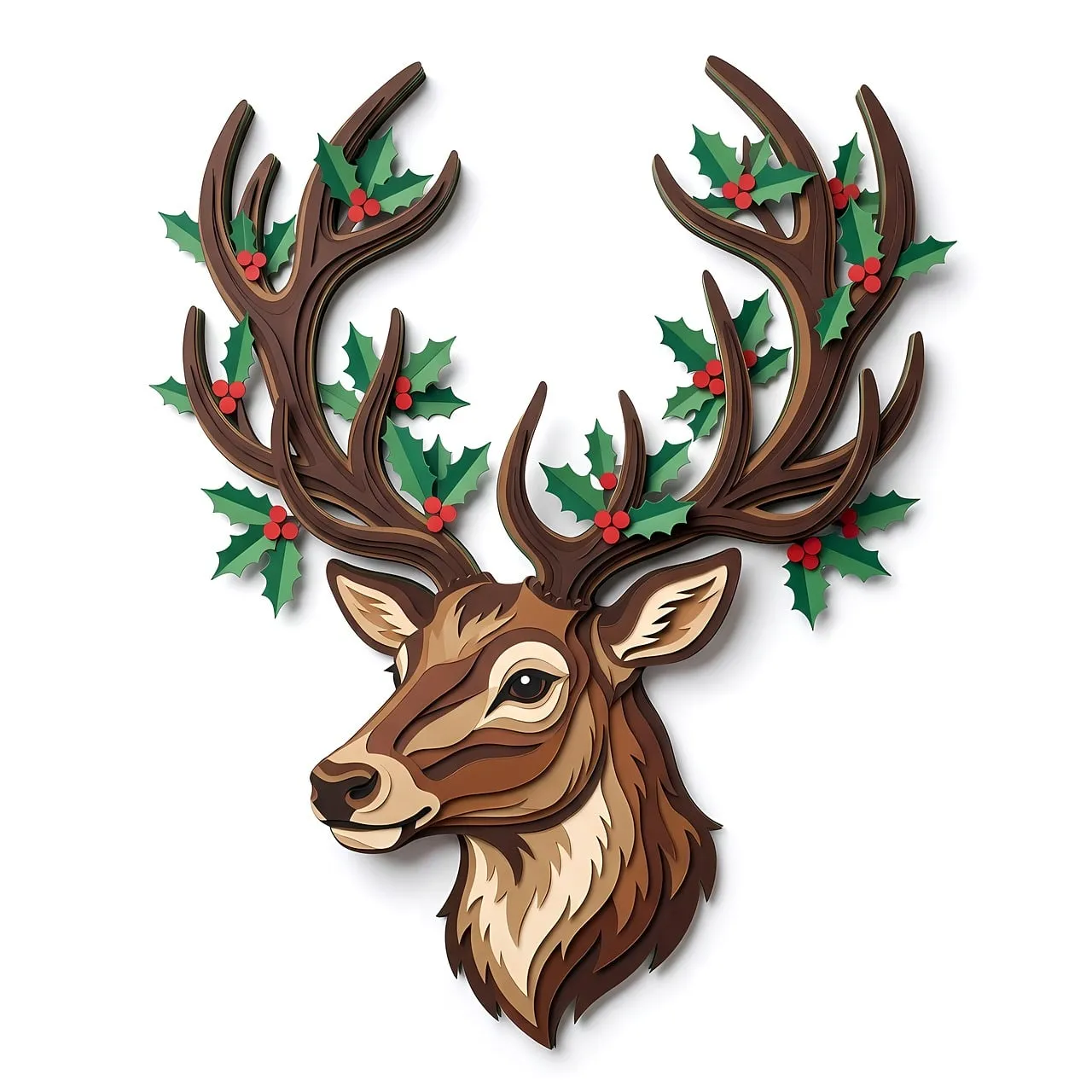 Stunning Layered Deer Head Adorned with Festive Holly