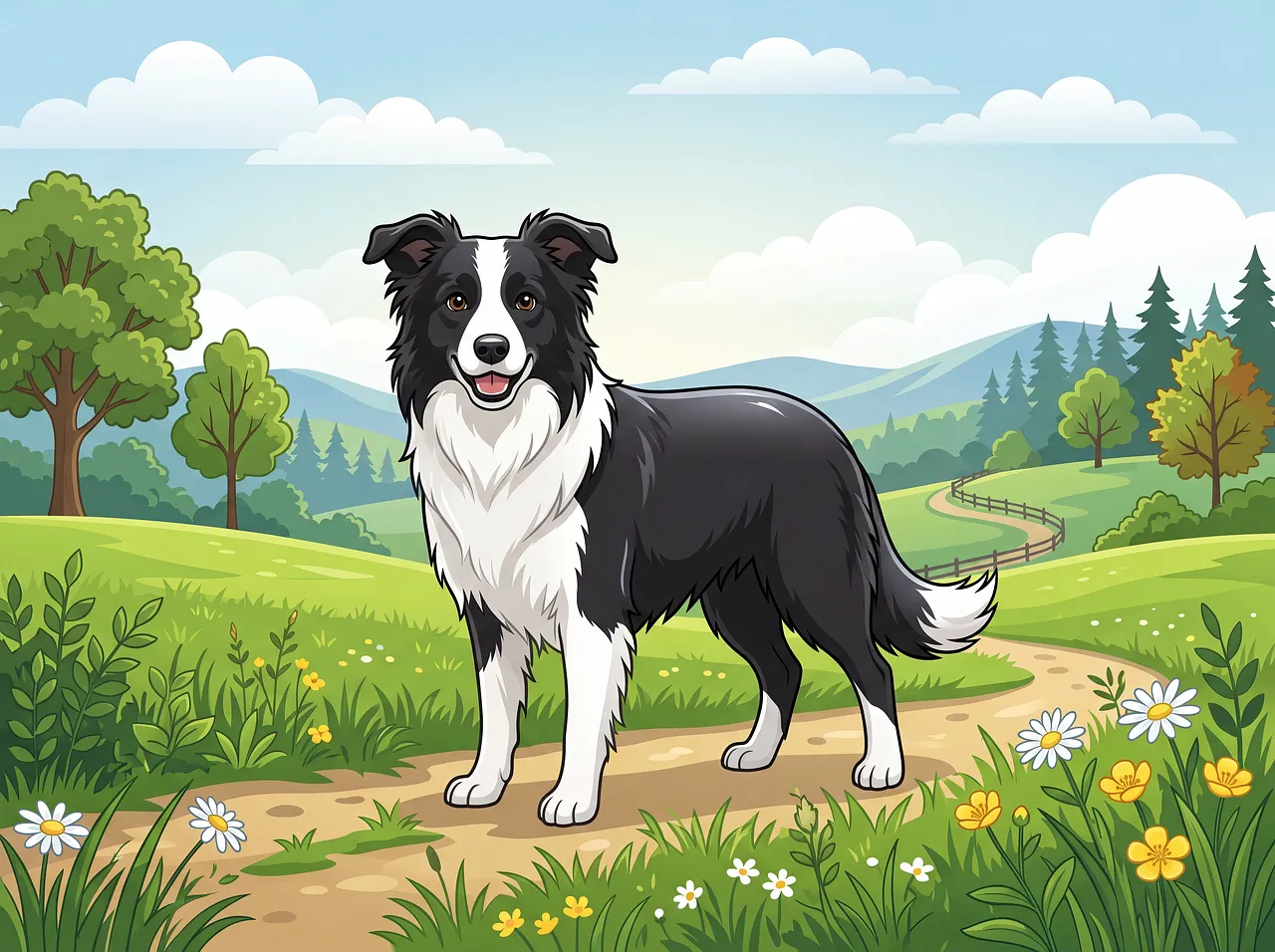 Joyful Border Collie: A Cartoon Canine's Outdoor Bliss