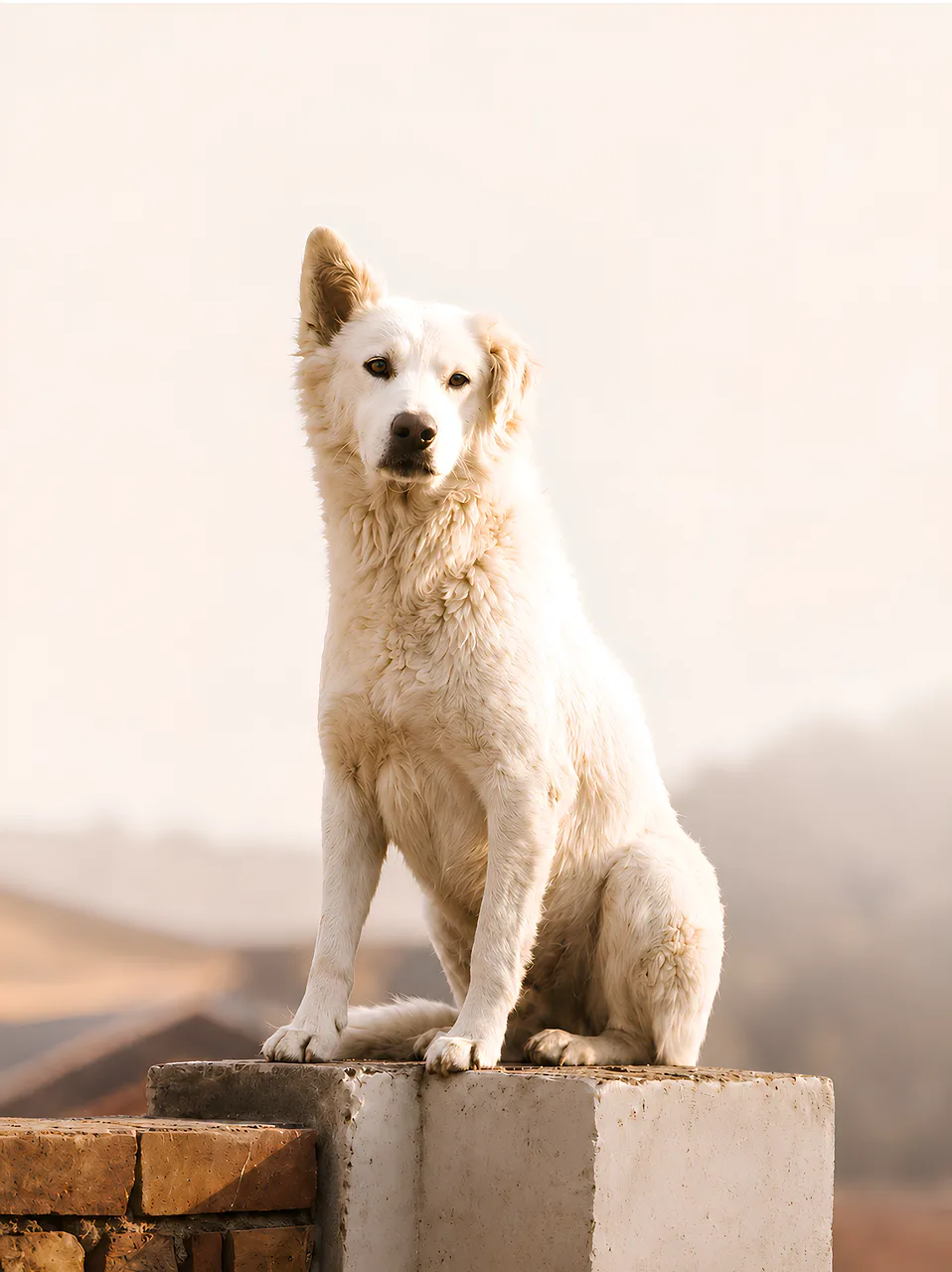 Majestic White Dog Portrait: Attentive Gaze at Sunrise