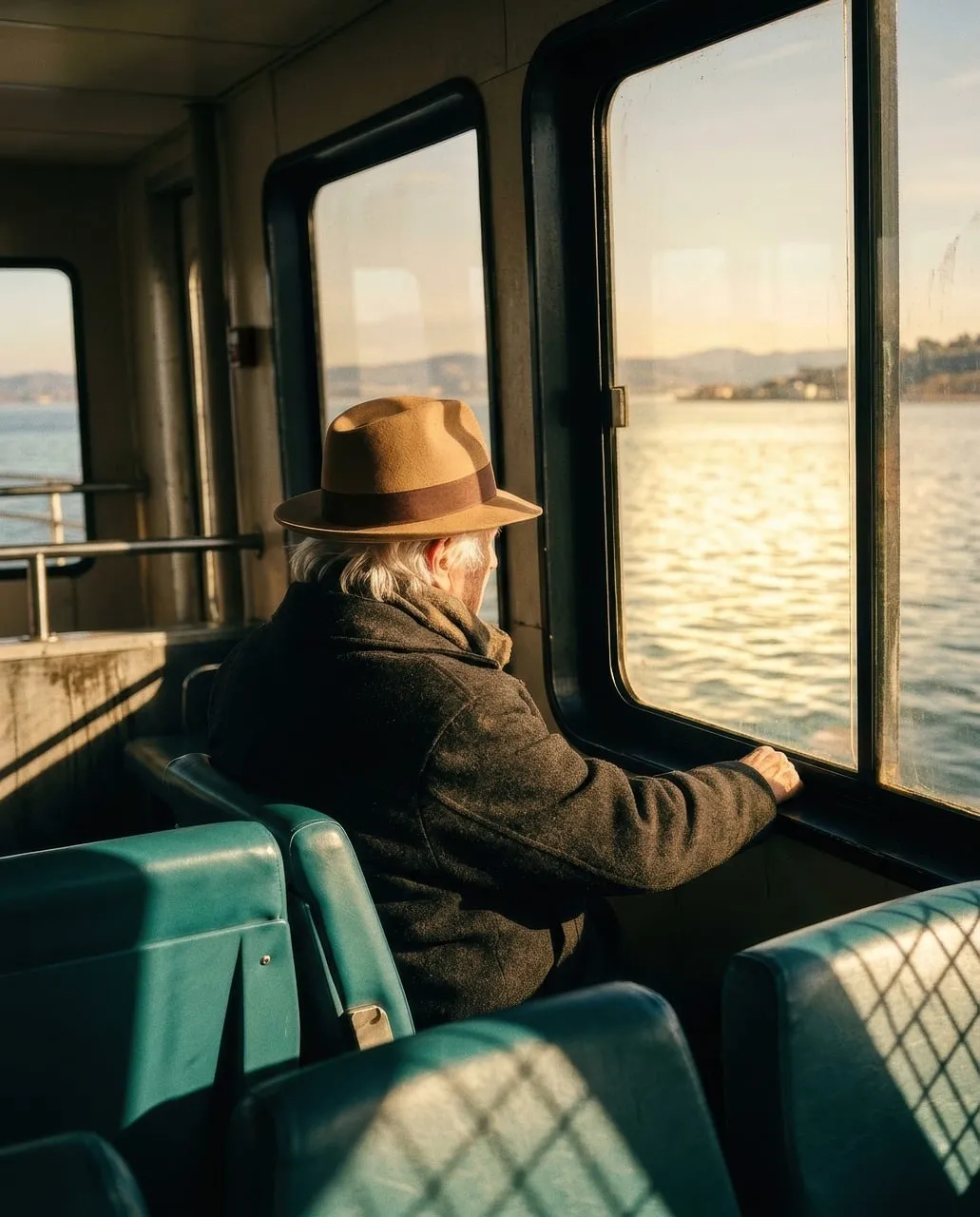 Golden Hour Solitude: Senior Man's Sunset Ferry Journey